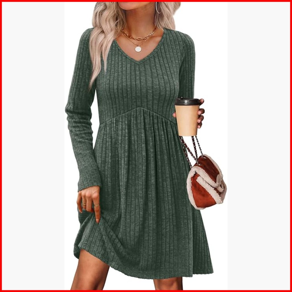Long Sleeve V-Neck Empire Waist Baby Doll Sweater Dress With Pockets
